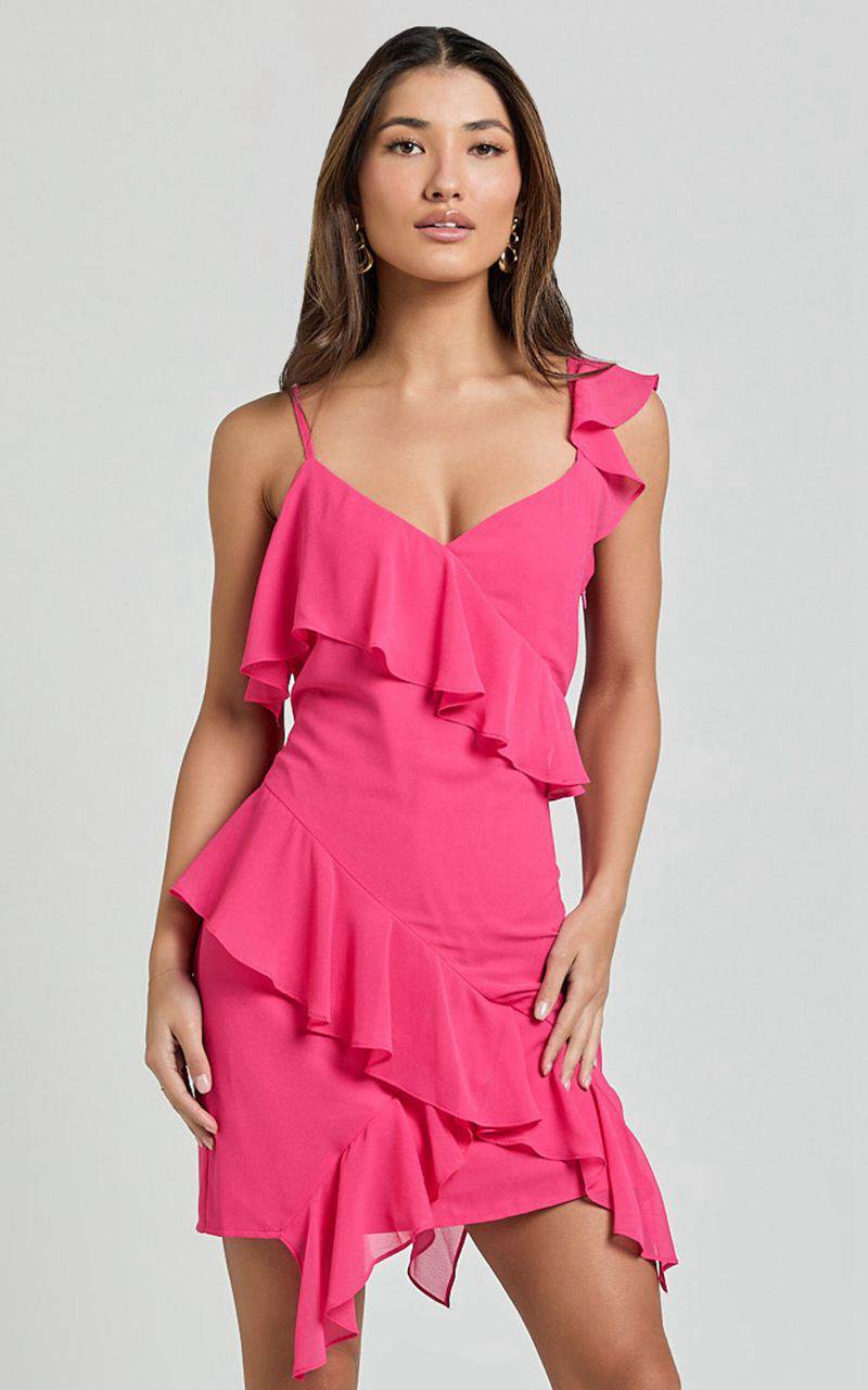 Showpo Zaria Mini Dress - Asymmetric Frill Detail Mini Dress Hot Pink | NJXTRM506