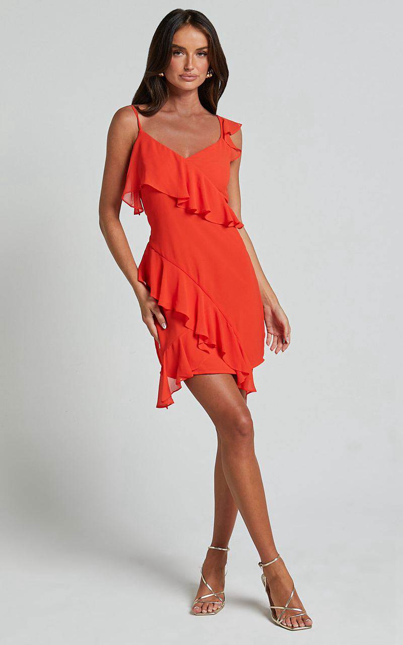 Showpo Zaria Mini Dress - Asymmetric Frill Detail Mini Dress Chili | CDAUFO820