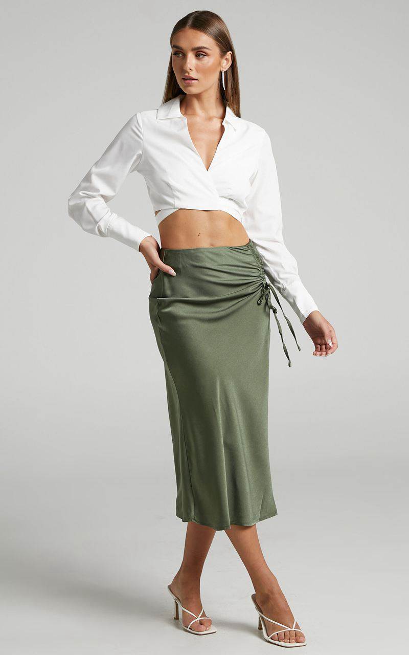 Showpo Zaylin Midi Skirt - Ruched Side Satin Slip Skirt Olive | PHIUCR796