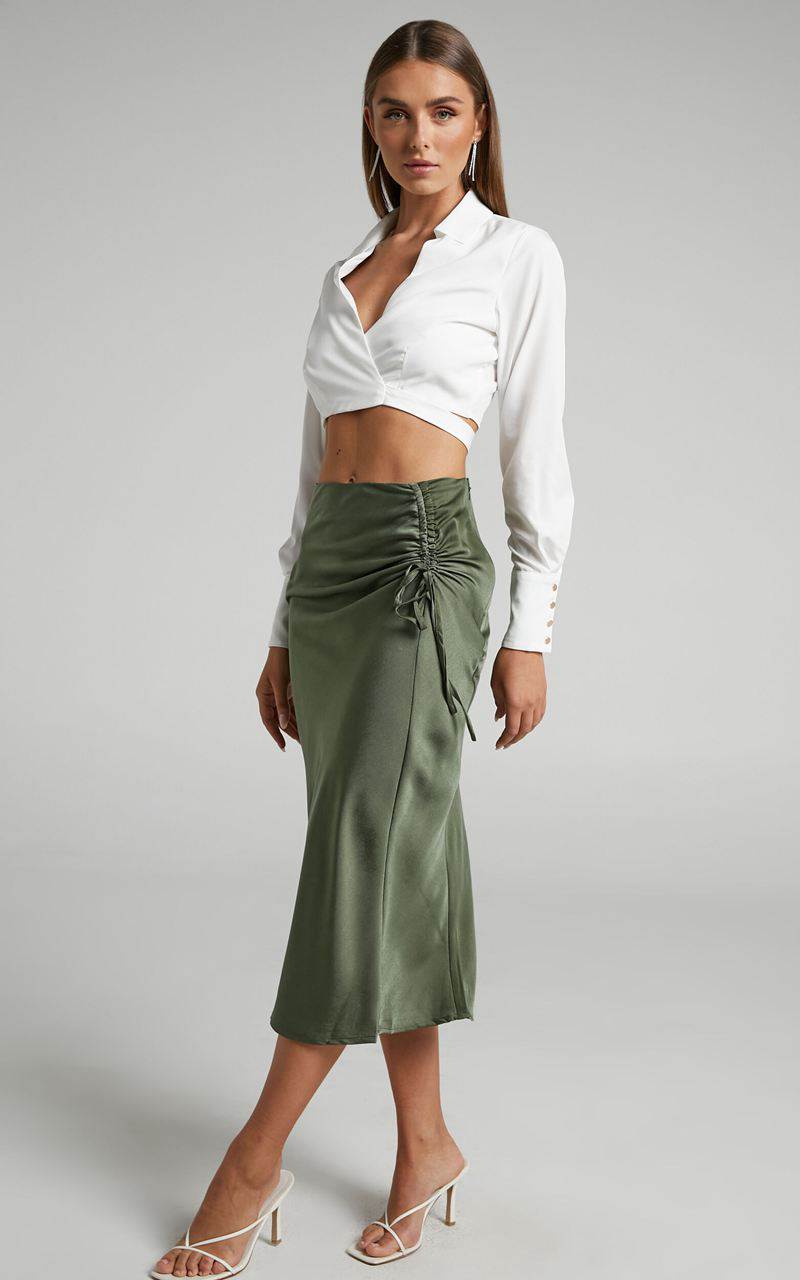 Showpo Zaylin Midi Skirt - Ruched Side Satin Slip Skirt Olive | PHIUCR796