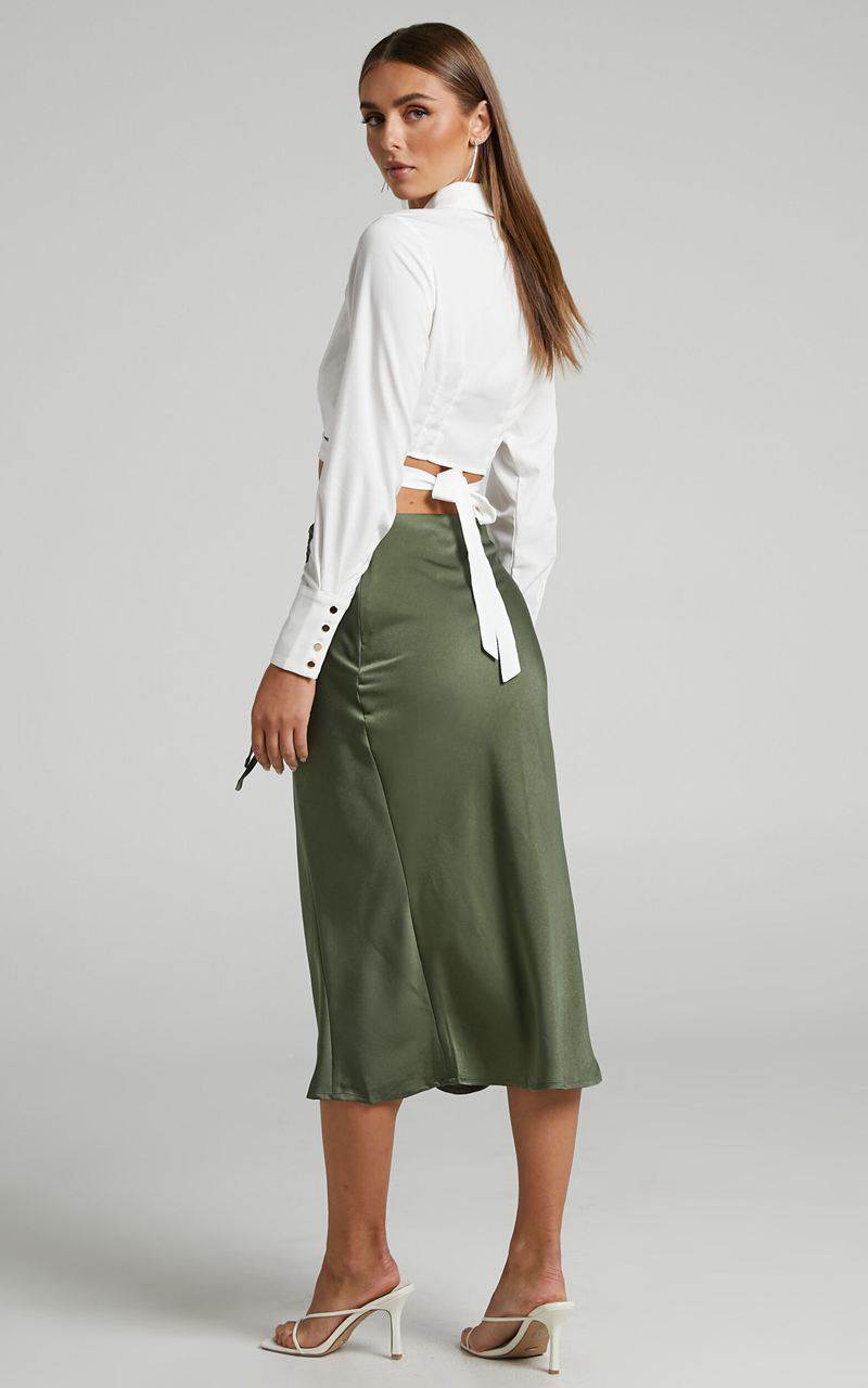 Showpo Zaylin Midi Skirt - Ruched Side Satin Slip Skirt Olive | PHIUCR796