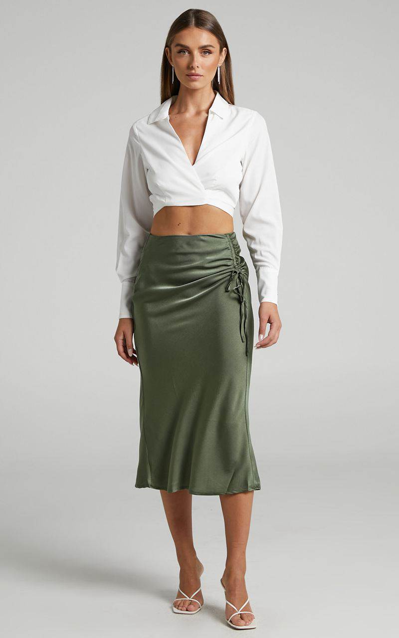 Showpo Zaylin Midi Skirt - Ruched Side Satin Slip Skirt Olive | PHIUCR796