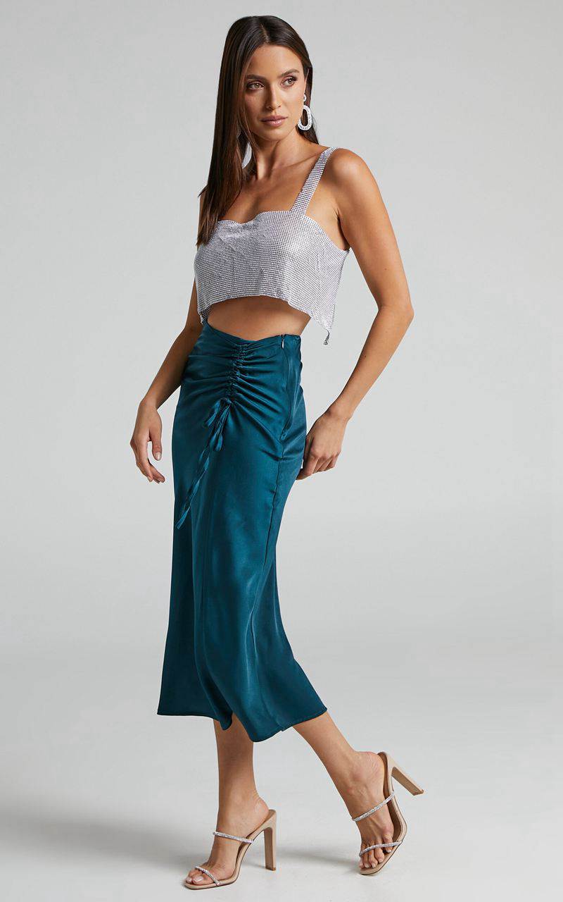 Showpo Zaylin Midi Skirt - Ruched Side Satin Slip Skirt Emerald | YOCXQU697