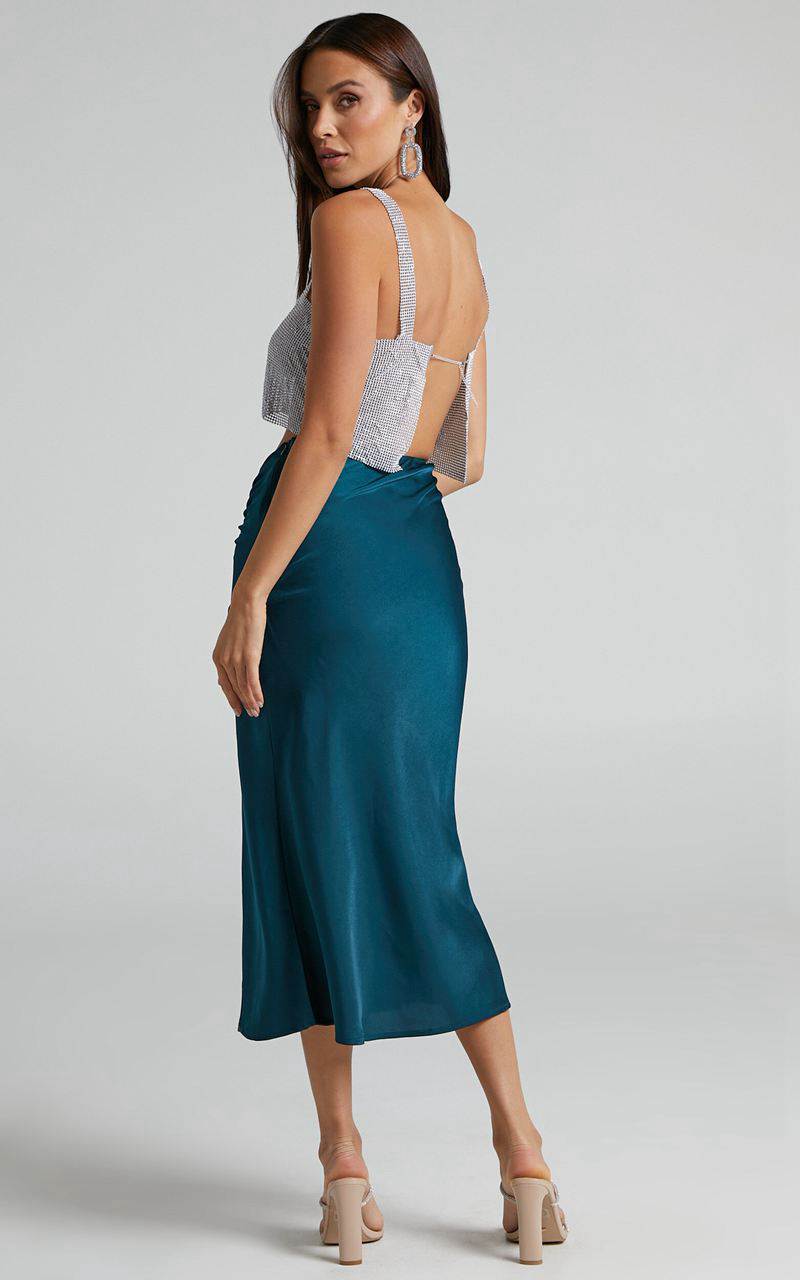 Showpo Zaylin Midi Skirt - Ruched Side Satin Slip Skirt Emerald | YOCXQU697