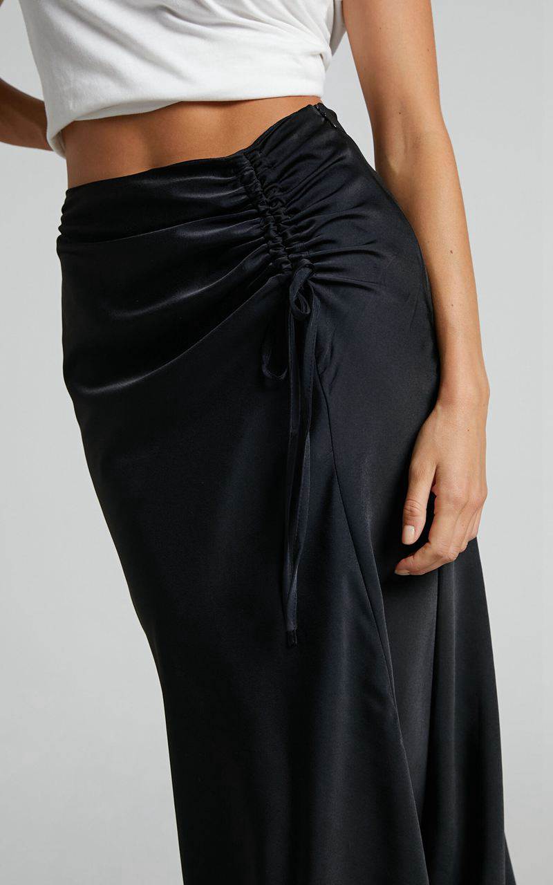 Showpo Zaylin Midi Skirt - Ruched Side Satin Slip Skirt Black | ADEUWI428