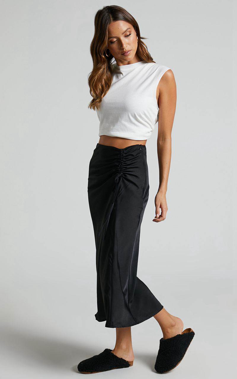 Showpo Zaylin Midi Skirt - Ruched Side Satin Slip Skirt Black | ADEUWI428