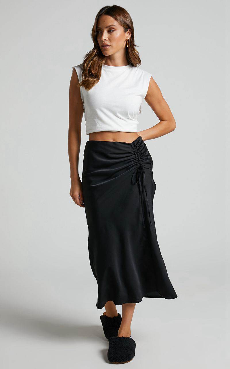 Showpo Zaylin Midi Skirt - Ruched Side Satin Slip Skirt Black | ADEUWI428