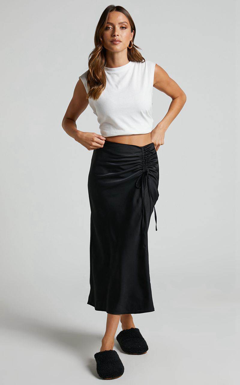 Showpo Zaylin Midi Skirt - Ruched Side Satin Slip Skirt Black | ADEUWI428