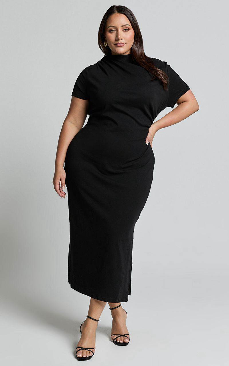 Showpo Zayna Midi Dress - Jersey Short Sleeve Dress Black | CKWDTS183