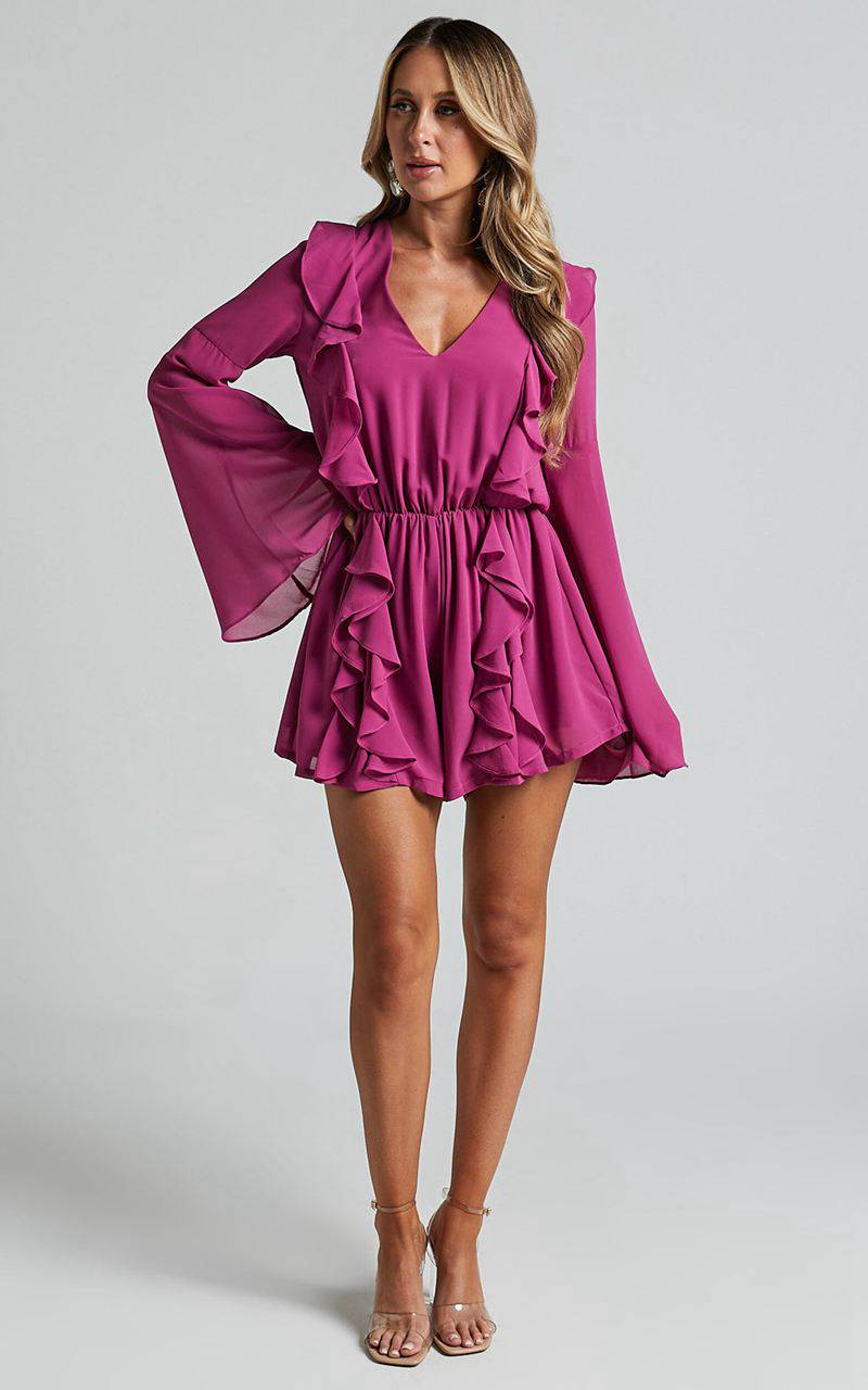 Showpo Zella Playsuit - Plunge Ruffle Detail Long Sleeve Grape | BDKCSQ640