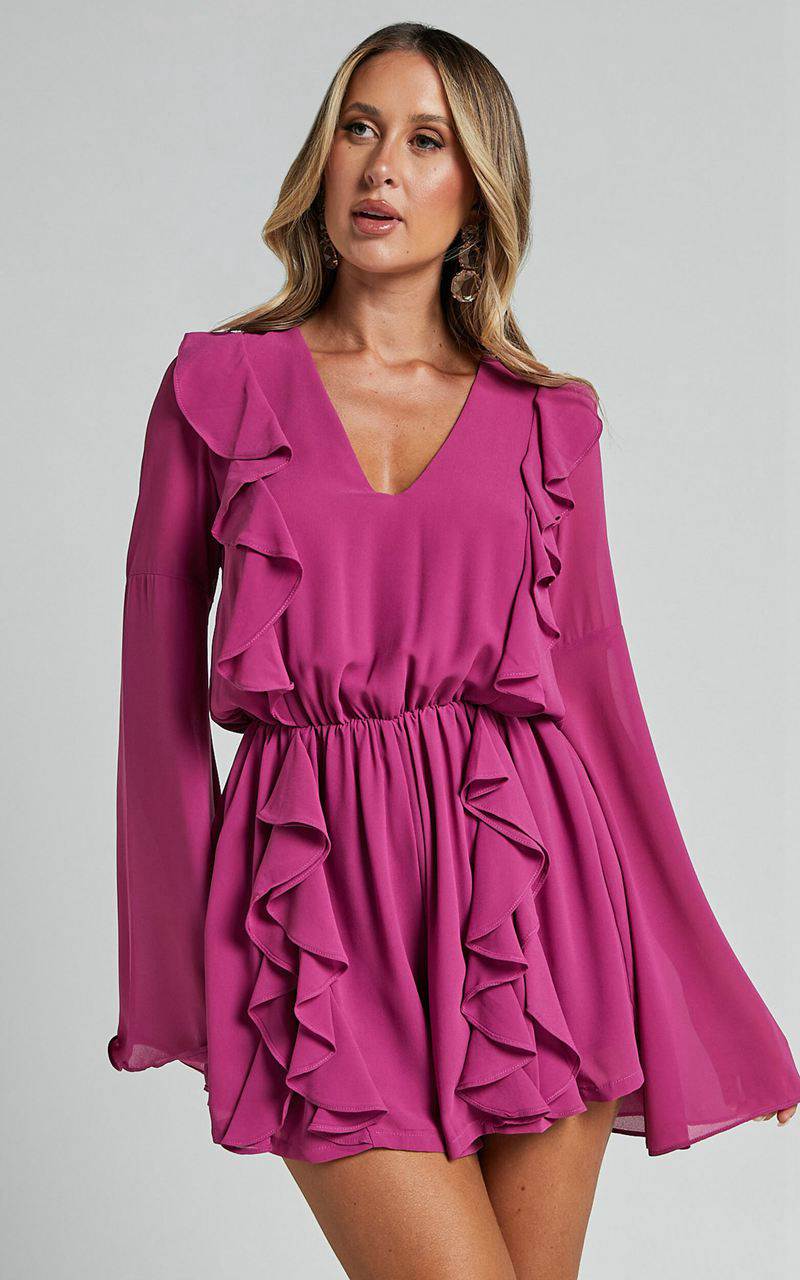 Showpo Zella Playsuit - Plunge Ruffle Detail Long Sleeve Grape | BDKCSQ640