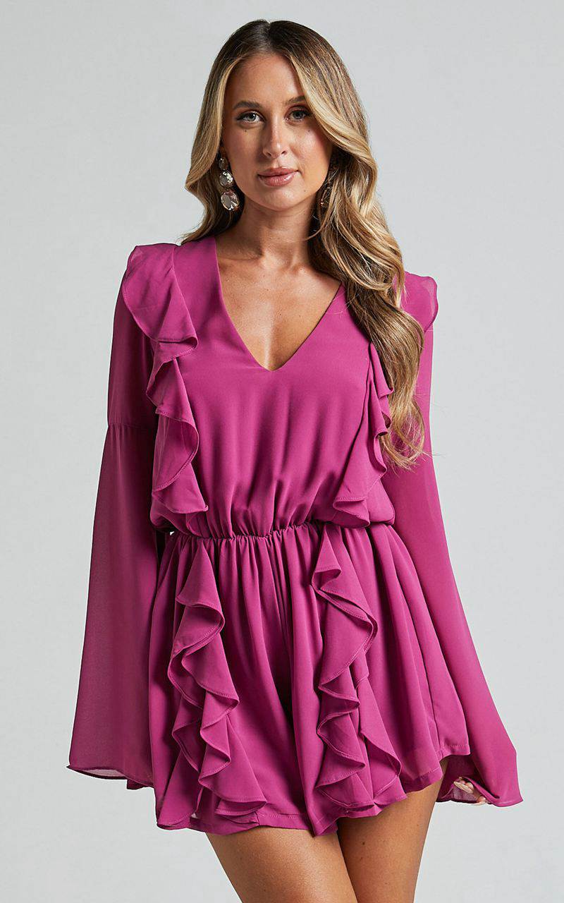 Showpo Zella Playsuit - Plunge Ruffle Detail Long Sleeve Grape | BDKCSQ640