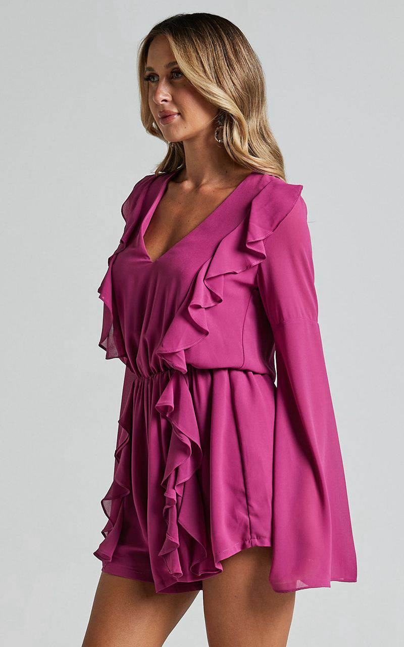 Showpo Zella Playsuit - Plunge Ruffle Detail Long Sleeve Grape | BDKCSQ640