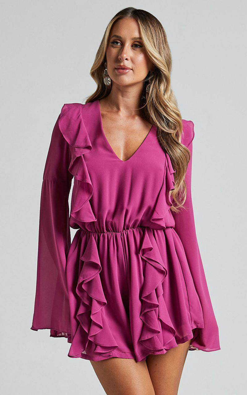 Showpo Zella Playsuit - Plunge Ruffle Detail Long Sleeve Grape | BDKCSQ640