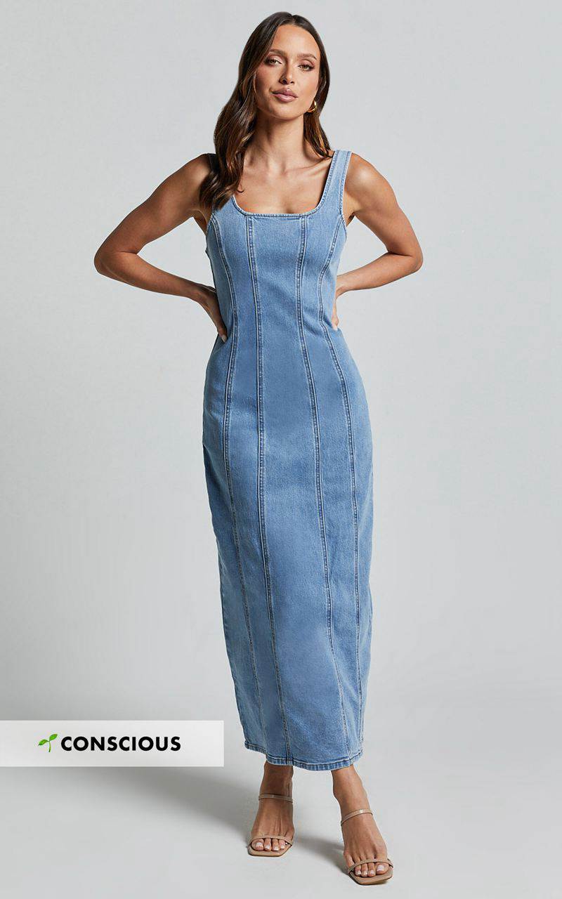 Showpo Zenith Midi Dress - Wide Strap Panel Detail Recycled Denim Dress Mid Blue Wash | SAXTPF064