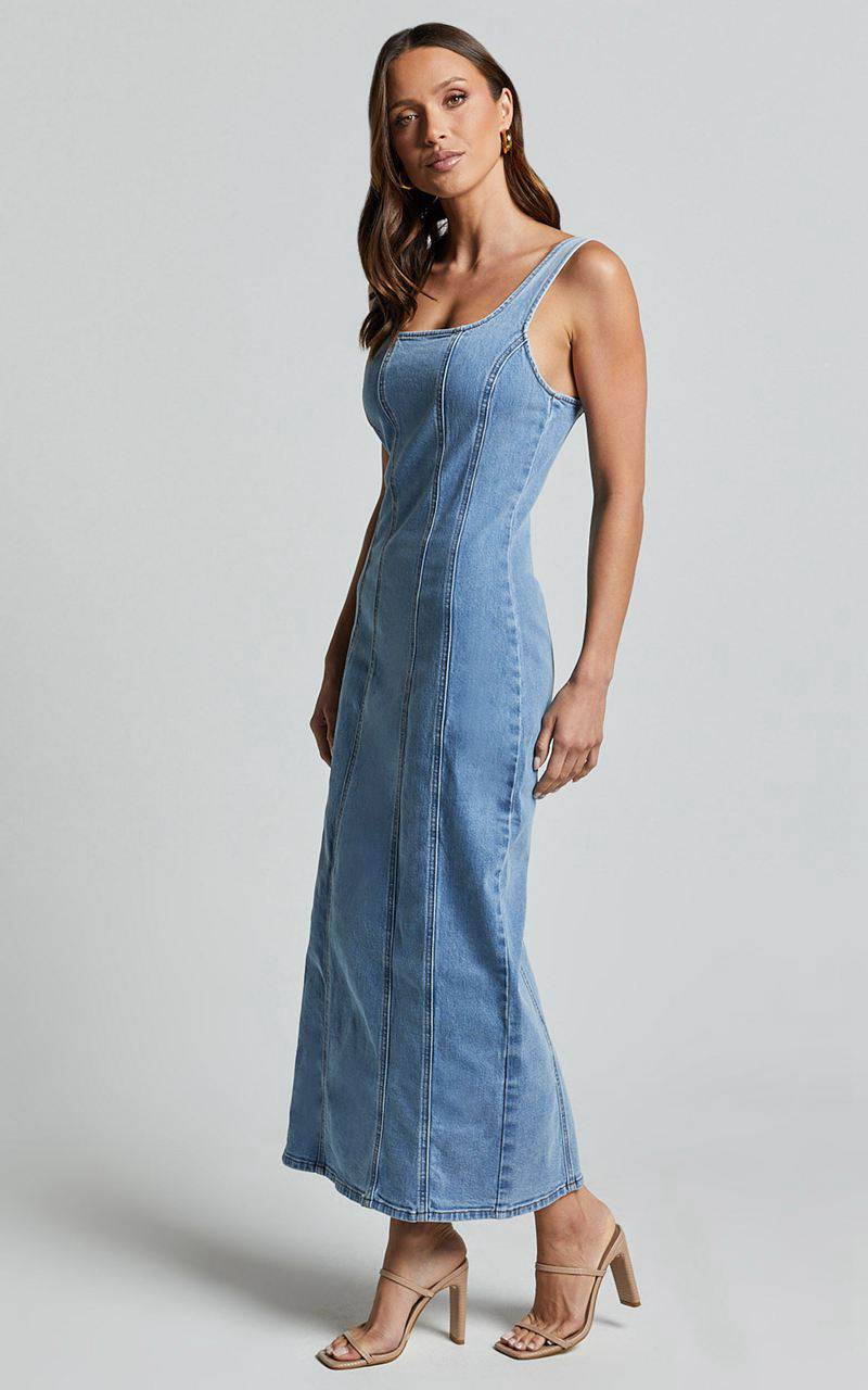 Showpo Zenith Midi Dress - Wide Strap Panel Detail Recycled Denim Dress Mid Blue Wash | SAXTPF064