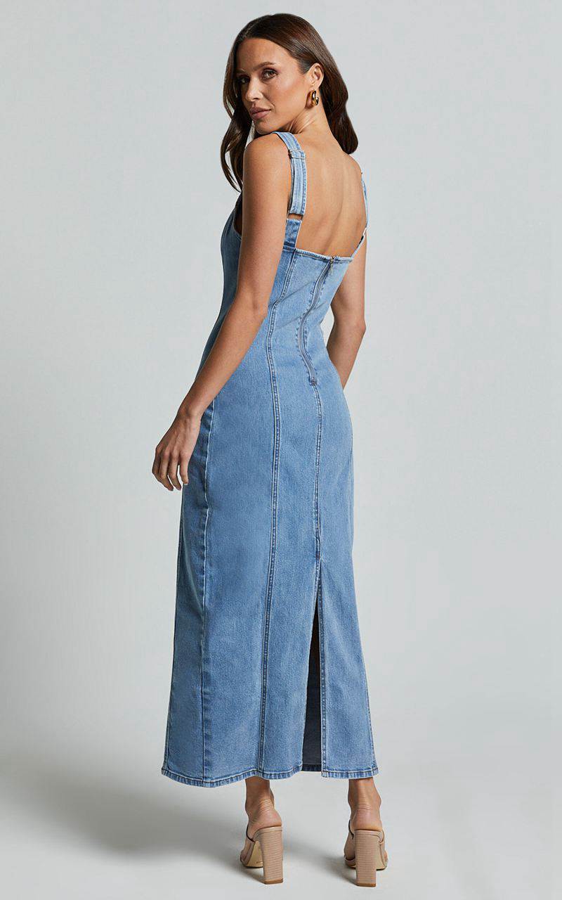 Showpo Zenith Midi Dress - Wide Strap Panel Detail Recycled Denim Dress Mid Blue Wash | SAXTPF064