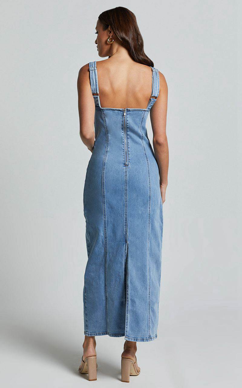 Showpo Zenith Midi Dress - Wide Strap Panel Detail Recycled Denim Dress Mid Blue Wash | SAXTPF064