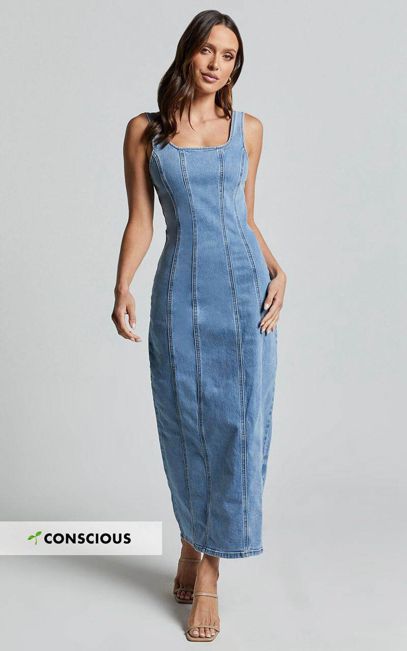 Showpo Zenith Midi Dress - Wide Strap Panel Detail Recycled Denim Dress Mid Blue Wash | SAXTPF064