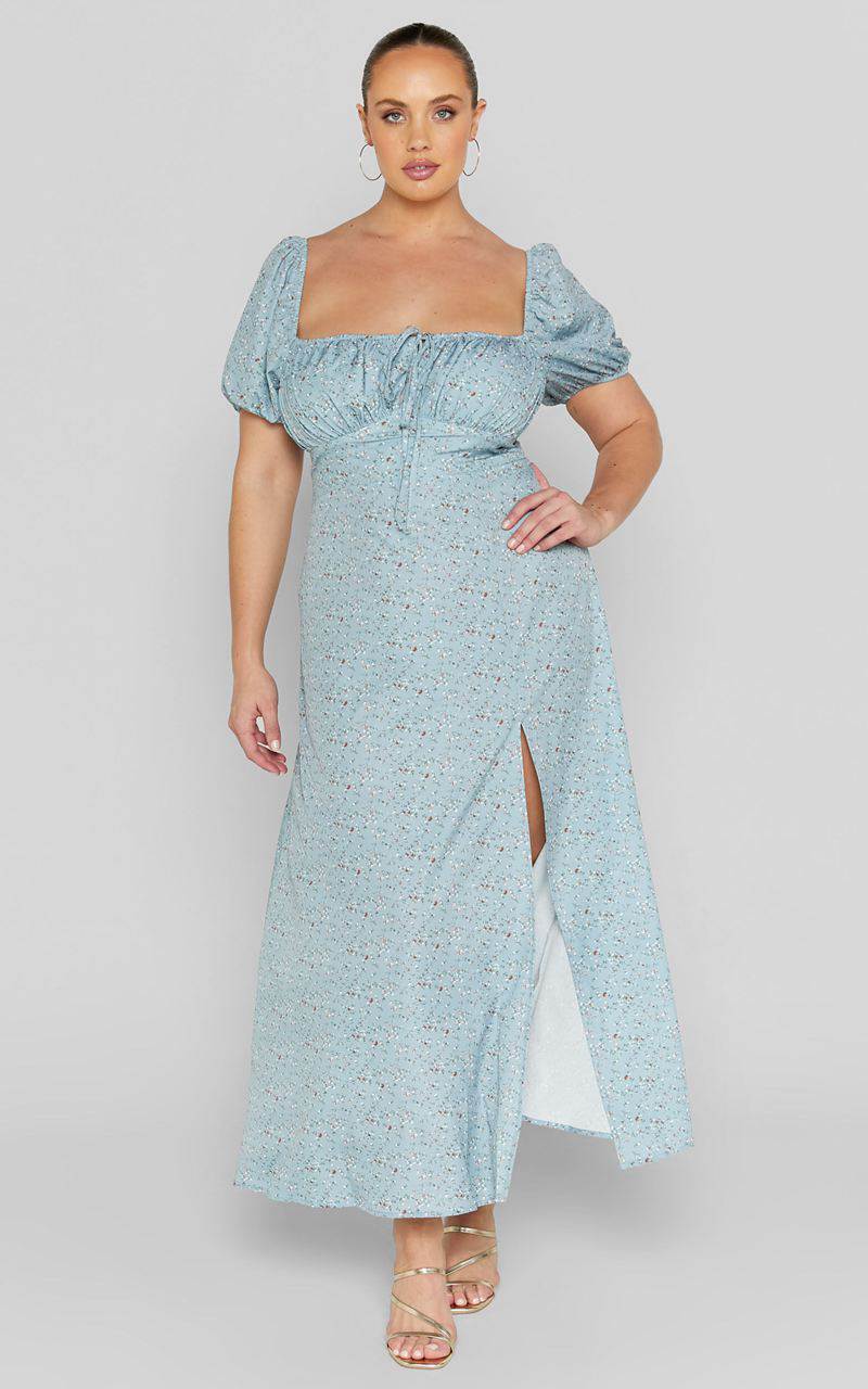 Showpo Zenny Midi Dress - Ruched Bust Floral Dress Light Blue | ZJLRSY516