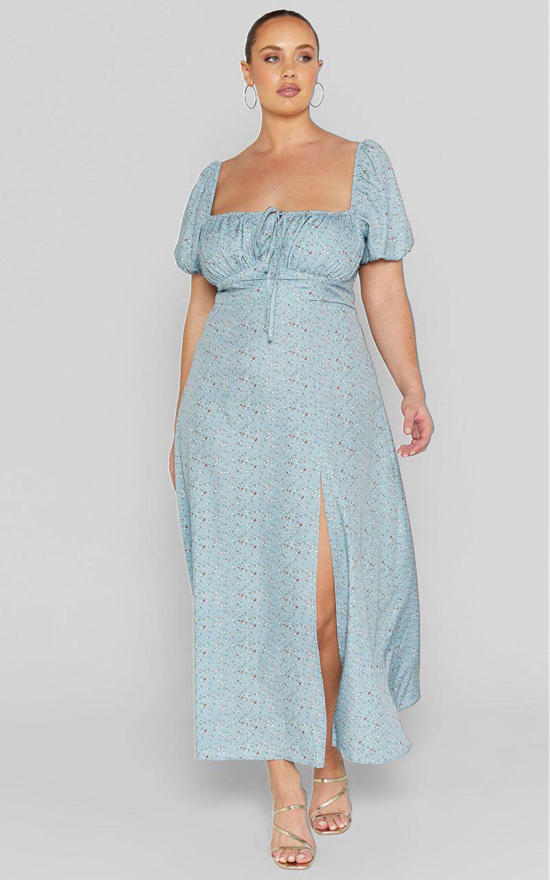 Showpo Zenny Midi Dress - Ruched Bust Floral Dress Light Blue | ZJLRSY516