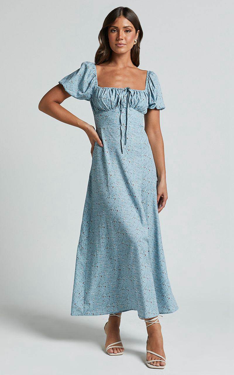 Showpo Zenny Midi Dress - Ruched Bust Floral Dress Light Blue | ZJLRSY516