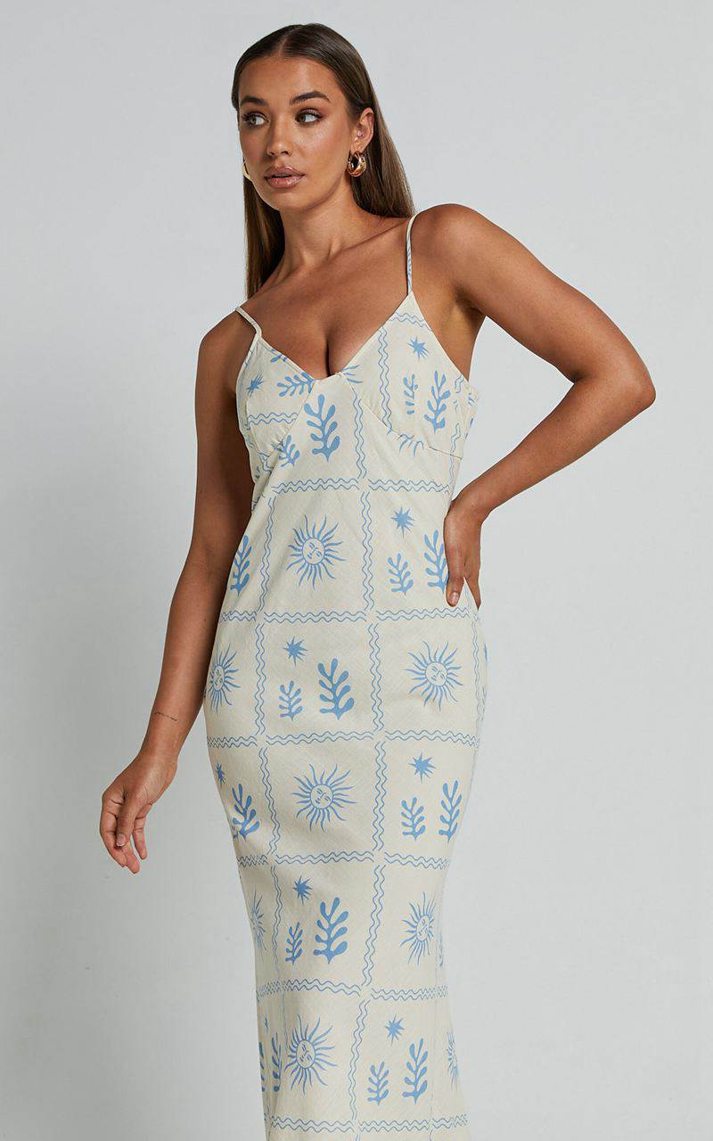 Showpo Zinnia Midi Dress - Strappy Linen Slip Dress Beige Blue Border Print | PEYJDS723