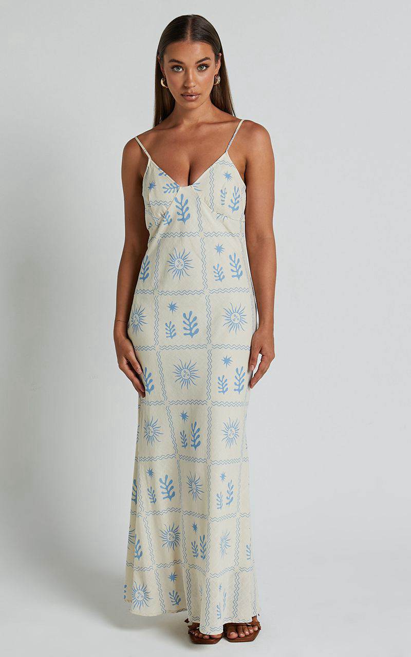 Showpo Zinnia Midi Dress - Strappy Linen Slip Dress Beige Blue Border Print | PEYJDS723