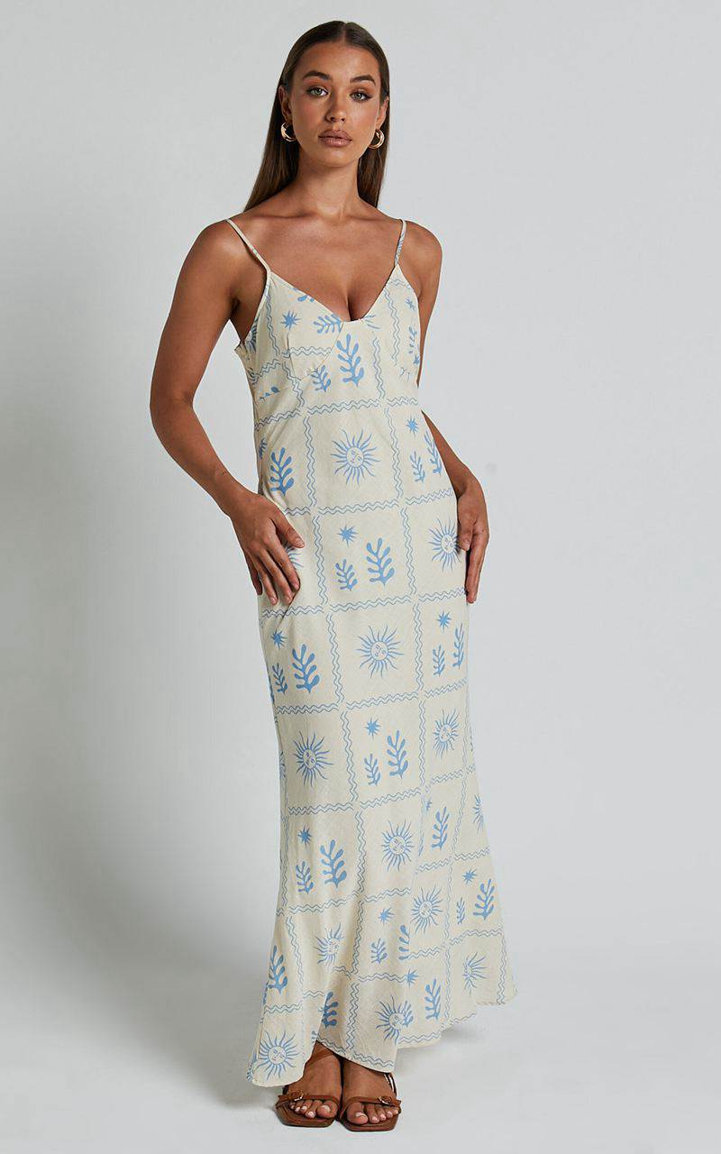 Showpo Zinnia Midi Dress - Strappy Linen Slip Dress Beige Blue Border Print | PEYJDS723