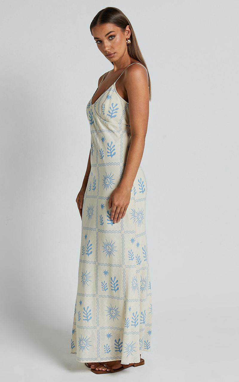 Showpo Zinnia Midi Dress - Strappy Linen Slip Dress Beige Blue Border Print | PEYJDS723