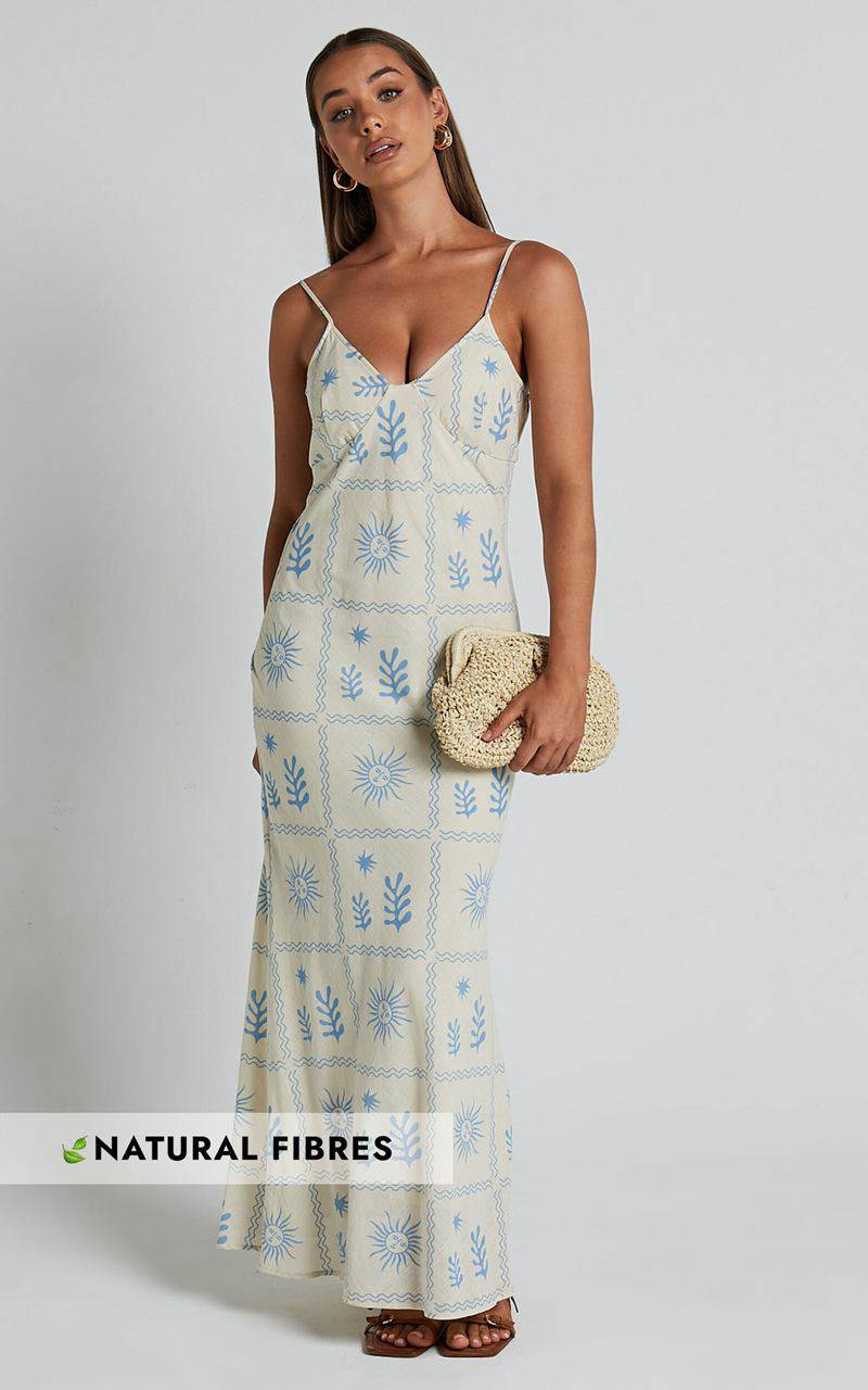 Showpo Zinnia Midi Dress - Strappy Linen Slip Dress Beige Blue Border Print | PEYJDS723