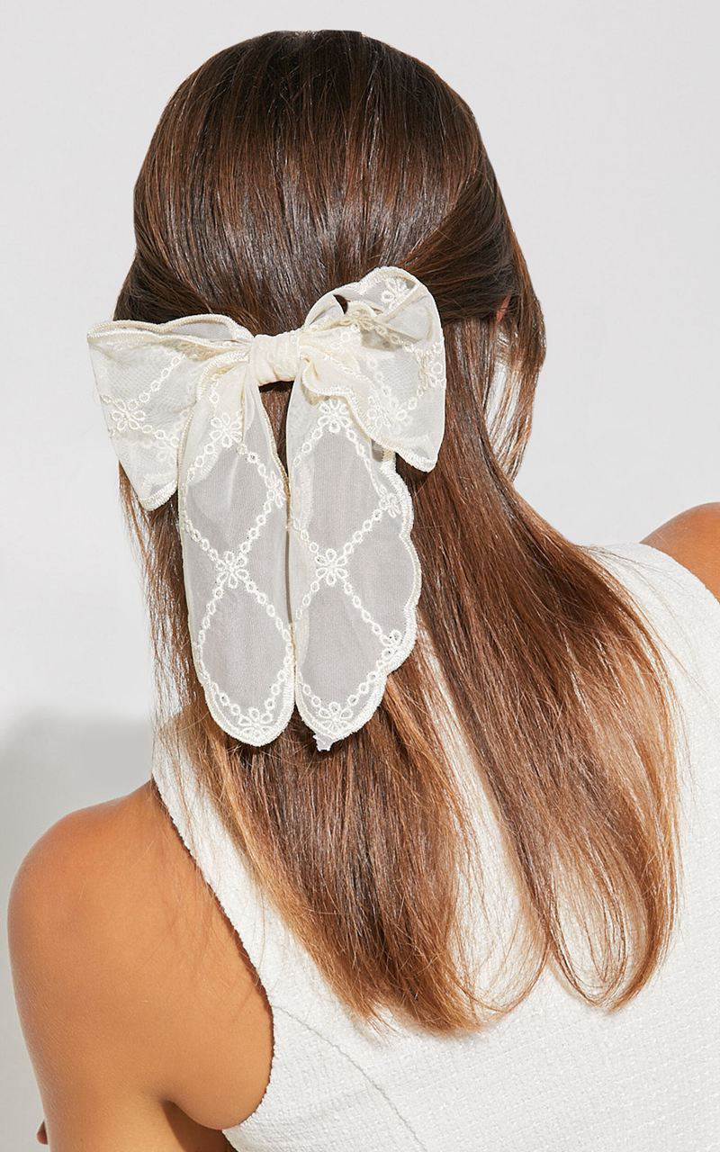 Showpo Ziva Hair Bow - Sheer Trim Detail Hair Bow Cream | ANPQVM065