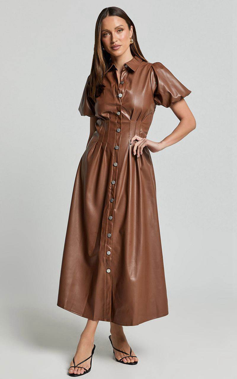 Showpo Ziva Midi Dress - Short Puff Sleeve Button Through Dress Chocolate | XRULBP387