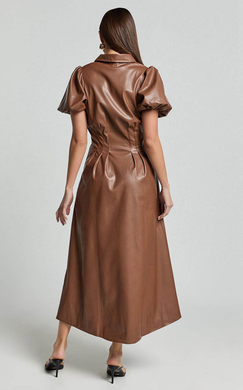 Showpo Ziva Midi Dress - Short Puff Sleeve Button Through Dress Chocolate | XRULBP387