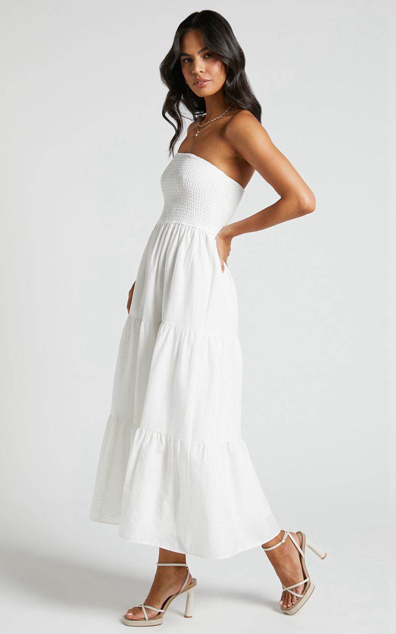 Showpo Zoe Midi Dress - Strapless Shirred Bodice Tiered Dress White | CSPQIG051