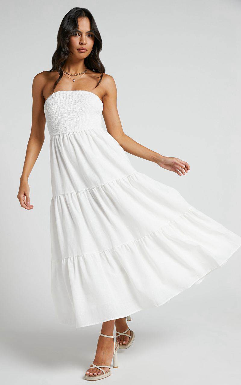 Showpo Zoe Midi Dress - Strapless Shirred Bodice Tiered Dress White | CSPQIG051