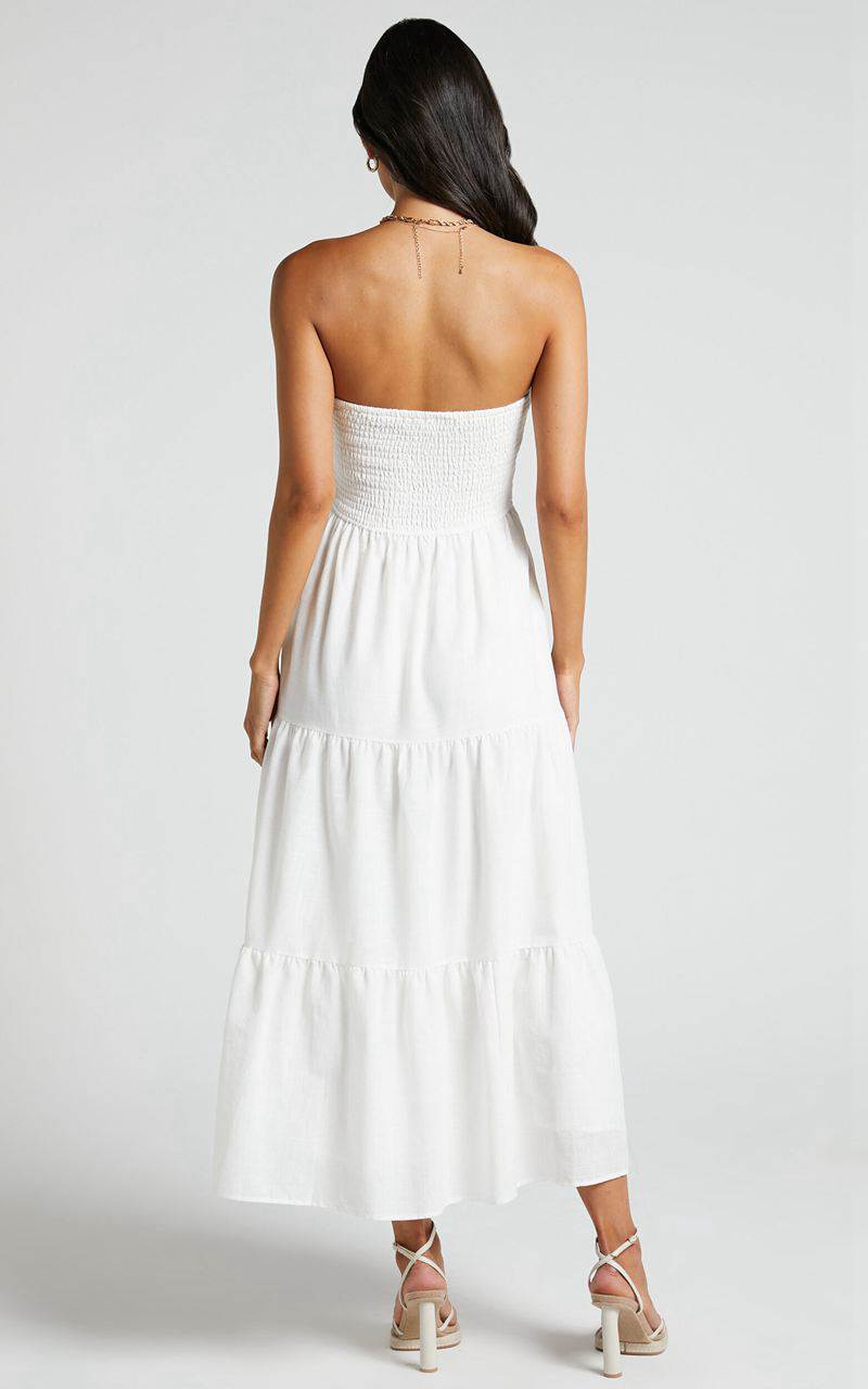 Showpo Zoe Midi Dress - Strapless Shirred Bodice Tiered Dress White | CSPQIG051