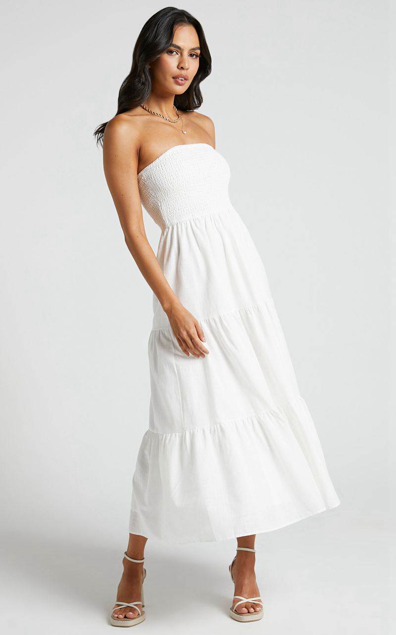 Showpo Zoe Midi Dress - Strapless Shirred Bodice Tiered Dress White | CSPQIG051