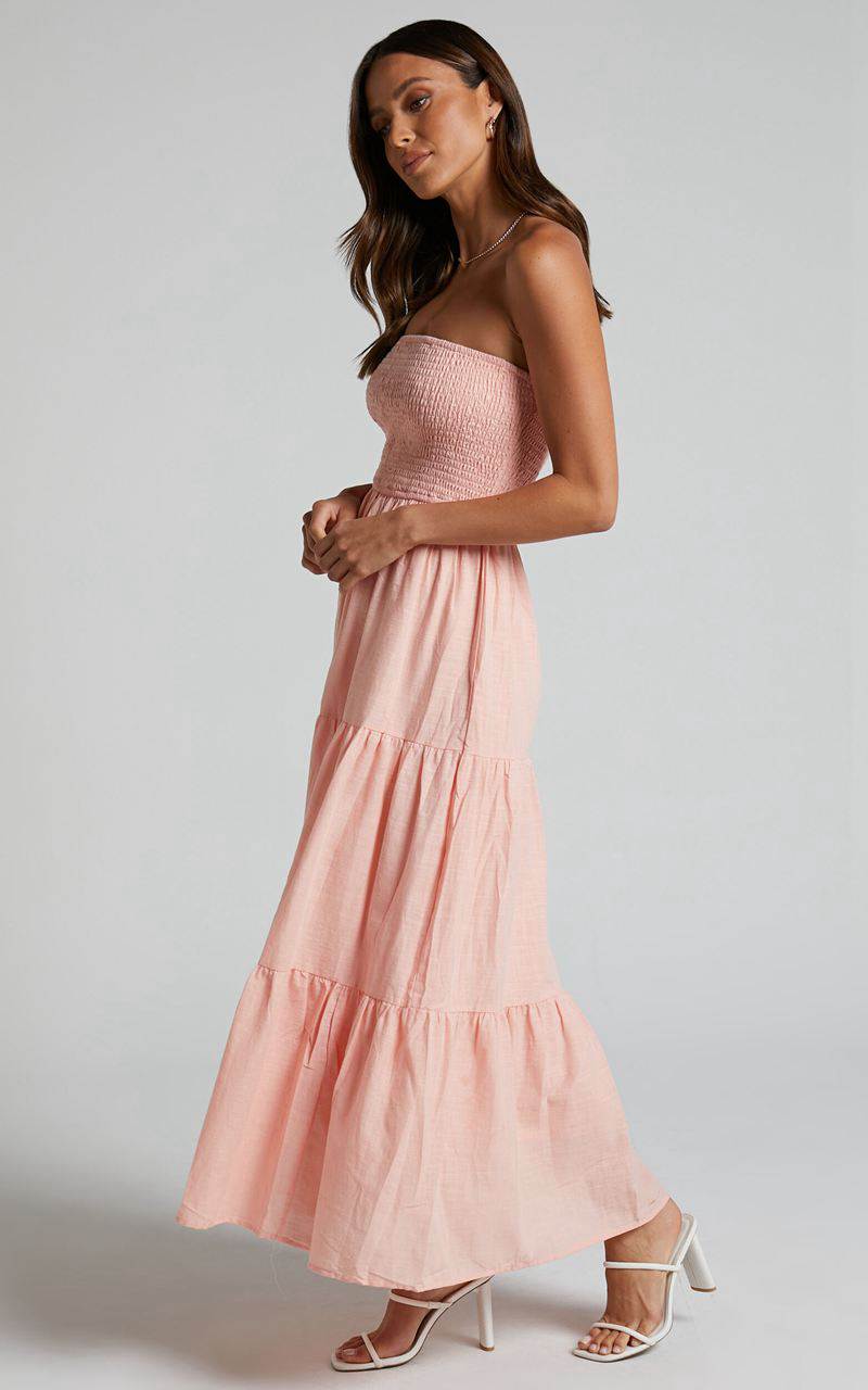 Showpo Zoe Midi Dress - Strapless Shirred Bodice Tiered Dress Peach | NDMHOV782