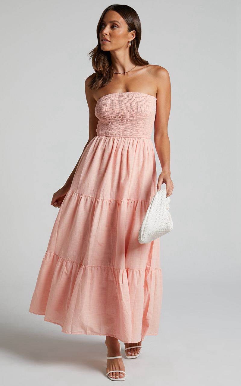 Showpo Zoe Midi Dress - Strapless Shirred Bodice Tiered Dress Peach | NDMHOV782