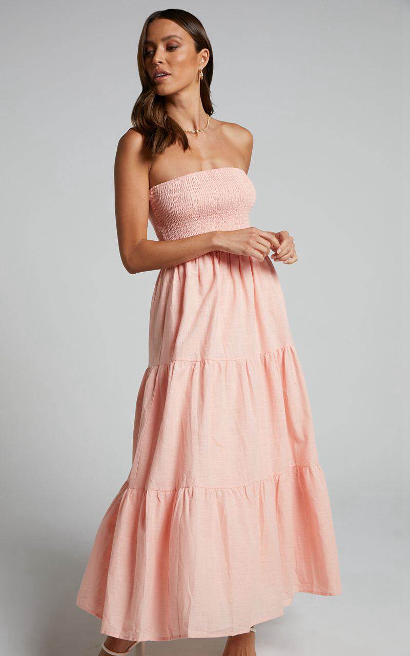 Showpo Zoe Midi Dress - Strapless Shirred Bodice Tiered Dress Peach | NDMHOV782