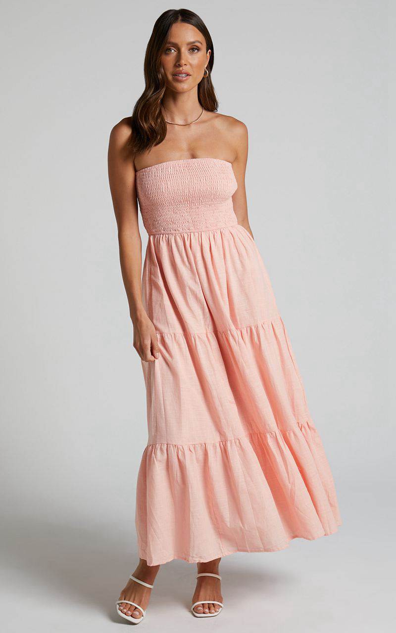 Showpo Zoe Midi Dress - Strapless Shirred Bodice Tiered Dress Peach | NDMHOV782