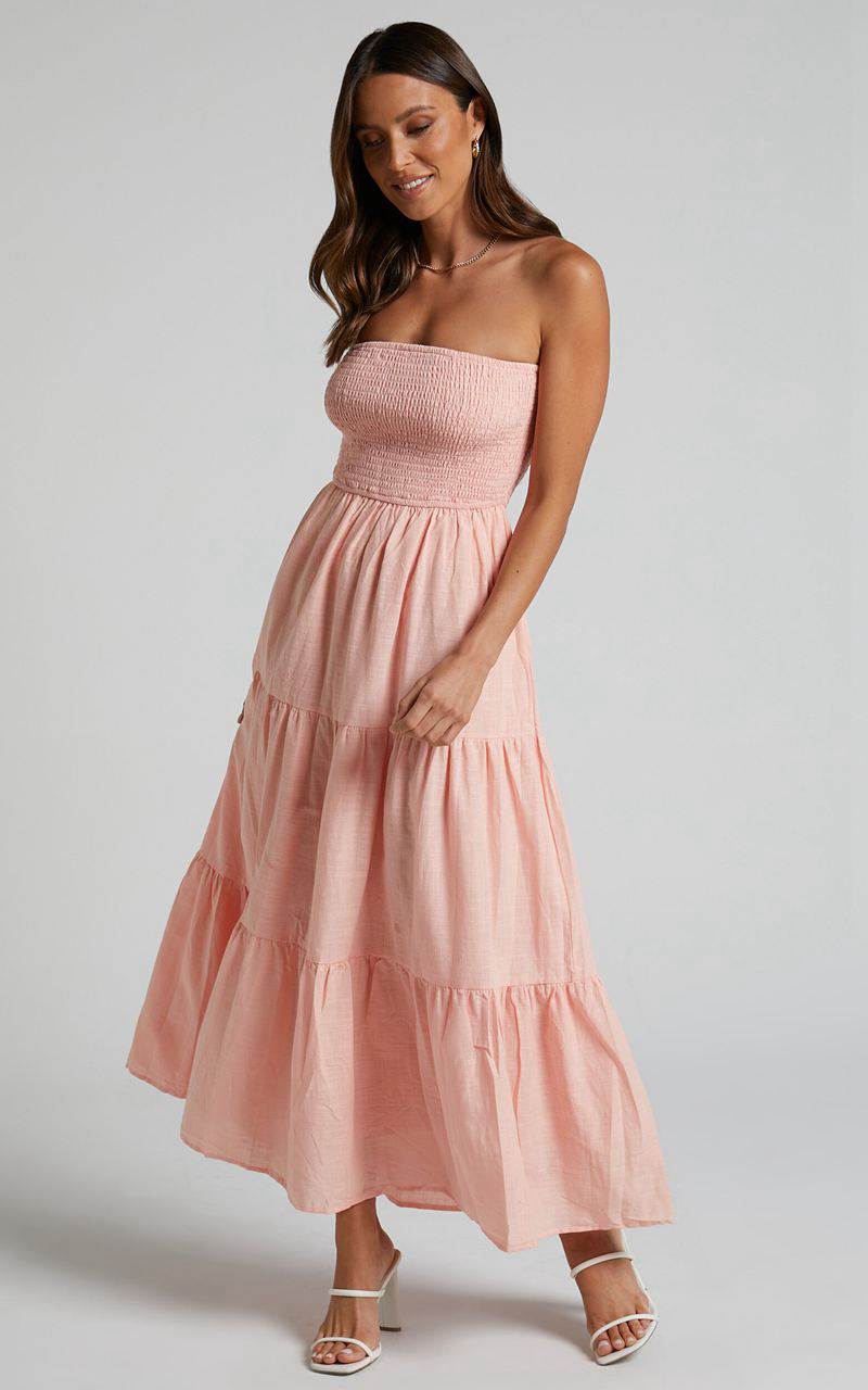 Showpo Zoe Midi Dress - Strapless Shirred Bodice Tiered Dress Peach | NDMHOV782