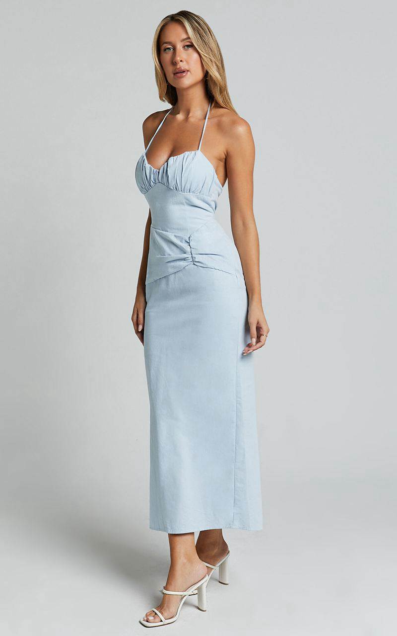 Showpo Zora Midi Dress - Halter Ruched Bust Slip Dress Pale Blue | QRFUZV790