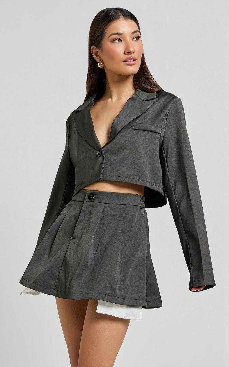 Showpo Zora Two Piece Set - Cropped Blazer And Pleated Mini Skirt Set Charcoal | LRUFZW907