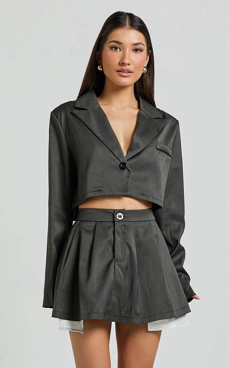 Showpo Zora Two Piece Set - Cropped Blazer And Pleated Mini Skirt Set Charcoal | LRUFZW907