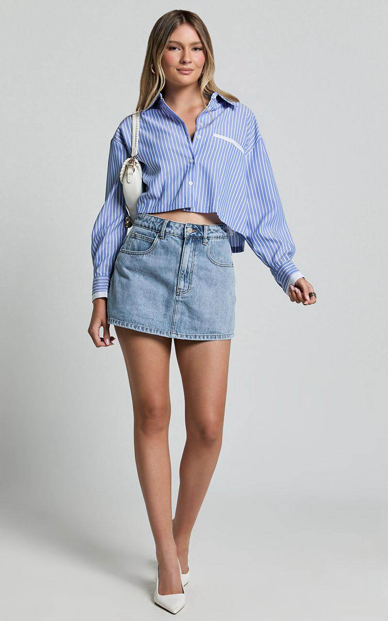 Showpo Zoya Shirt - Cropped Long Sleeve Button Up Shirt Navy White Stripe | HQPJUF241