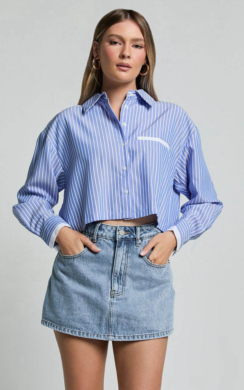 Showpo Zoya Shirt - Cropped Long Sleeve Button Up Shirt Navy White Stripe | HQPJUF241