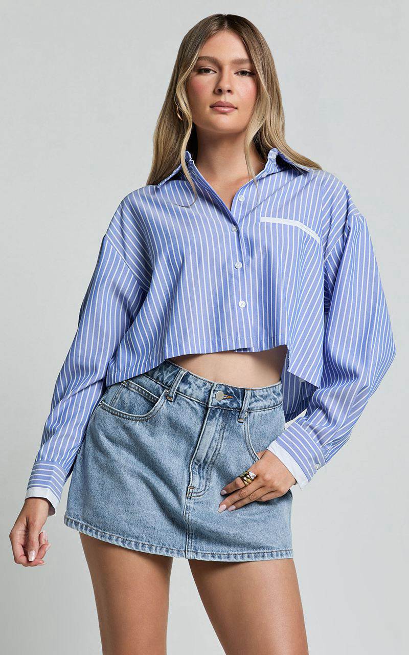 Showpo Zoya Shirt - Cropped Long Sleeve Button Up Shirt Navy White Stripe | HQPJUF241