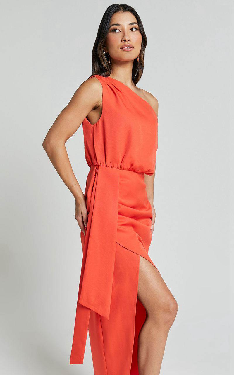 Showpo Zuri Midi Dress - One Shoulder Wrap Dress Orange | FYDKIE016